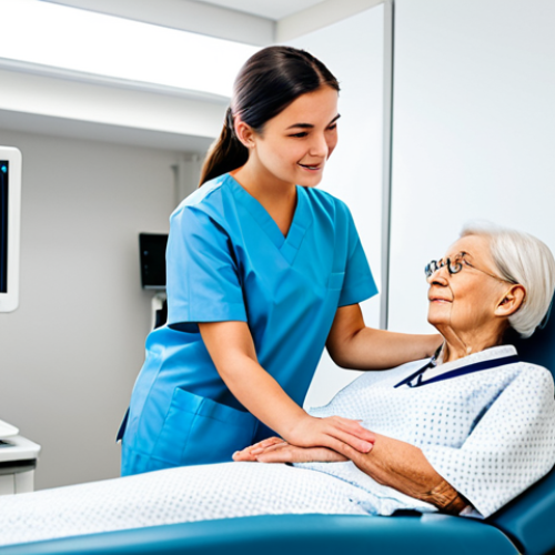 A compassionate radiology technician in a modest, professional medical uniform, fully clothed, gently explaining the diagnostic imaging procedure to a calm, elderly female patient. The patient is wearing appropriate, fully covering hospital attire. They are in a clean, brightly lit, modern diagnostic imaging room with a high-tech MRI scanner in the background. The interaction emphasizes patient dignity and informed consent. Perfect anatomy, correct proportions, natural pose, well-formed hands, proper finger count, natural body proportions, professional photography, high quality, safe for work, appropriate content, family-friendly.