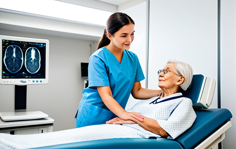 A compassionate radiology technician in a modest, professional medical uniform, fully clothed, gently explaining the diagnostic imaging procedure to a calm, elderly female patient. The patient is wearing appropriate, fully covering hospital attire. They are in a clean, brightly lit, modern diagnostic imaging room with a high-tech MRI scanner in the background. The interaction emphasizes patient dignity and informed consent. Perfect anatomy, correct proportions, natural pose, well-formed hands, proper finger count, natural body proportions, professional photography, high quality, safe for work, appropriate content, family-friendly.