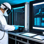 A highly skilled professional wearing an advanced, lightweight radiation protection suit, featuring integrated sensors and a clear, non-revealing visor, standing in a sophisticated, well-lit research laboratory. The professional is observing a holographic display showing real-time radiation monitoring data, demonstrating precise control. The suit is fully enclosed, modern, and dark gray with subtle blue accents, ensuring professional dress. The laboratory is clean, with cutting-edge equipment and glowing screens in the background. The pose is natural and focused. safe for work, appropriate content, fully clothed, professional, perfect anatomy, correct proportions, natural pose, well-formed hands, proper finger count, natural body proportions, high quality, professional photography, studio lighting, detailed.