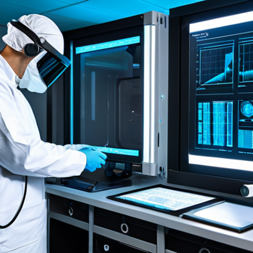 A highly skilled professional wearing an advanced, lightweight radiation protection suit, featuring integrated sensors and a clear, non-revealing visor, standing in a sophisticated, well-lit research laboratory. The professional is observing a holographic display showing real-time radiation monitoring data, demonstrating precise control. The suit is fully enclosed, modern, and dark gray with subtle blue accents, ensuring professional dress. The laboratory is clean, with cutting-edge equipment and glowing screens in the background. The pose is natural and focused. safe for work, appropriate content, fully clothed, professional, perfect anatomy, correct proportions, natural pose, well-formed hands, proper finger count, natural body proportions, high quality, professional photography, studio lighting, detailed.