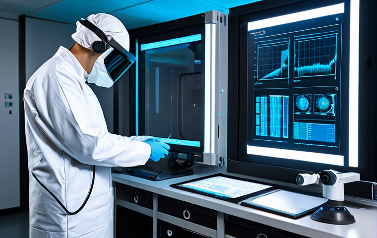 A highly skilled professional wearing an advanced, lightweight radiation protection suit, featuring integrated sensors and a clear, non-revealing visor, standing in a sophisticated, well-lit research laboratory. The professional is observing a holographic display showing real-time radiation monitoring data, demonstrating precise control. The suit is fully enclosed, modern, and dark gray with subtle blue accents, ensuring professional dress. The laboratory is clean, with cutting-edge equipment and glowing screens in the background. The pose is natural and focused. safe for work, appropriate content, fully clothed, professional, perfect anatomy, correct proportions, natural pose, well-formed hands, proper finger count, natural body proportions, high quality, professional photography, studio lighting, detailed.