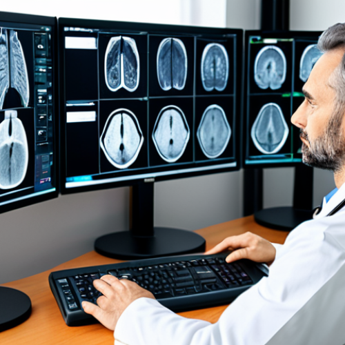 A professional Italian radiologist technician, fully clothed in a modest, smart casual uniform, focused intently on multiple high-resolution medical imaging screens in a modern, well-lit home office. A secure telemedicine platform is visible on one monitor, indicating remote patient care. The scene emphasizes precision and global connectivity in healthcare. Safe for work, appropriate content, professional, perfect anatomy, correct proportions, natural pose, well-formed hands, proper finger count, natural body proportions, professional photography, ultra-realistic.
