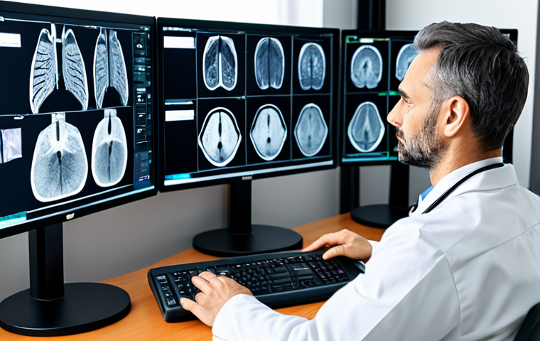 A professional Italian radiologist technician, fully clothed in a modest, smart casual uniform, focused intently on multiple high-resolution medical imaging screens in a modern, well-lit home office. A secure telemedicine platform is visible on one monitor, indicating remote patient care. The scene emphasizes precision and global connectivity in healthcare. Safe for work, appropriate content, professional, perfect anatomy, correct proportions, natural pose, well-formed hands, proper finger count, natural body proportions, professional photography, ultra-realistic.