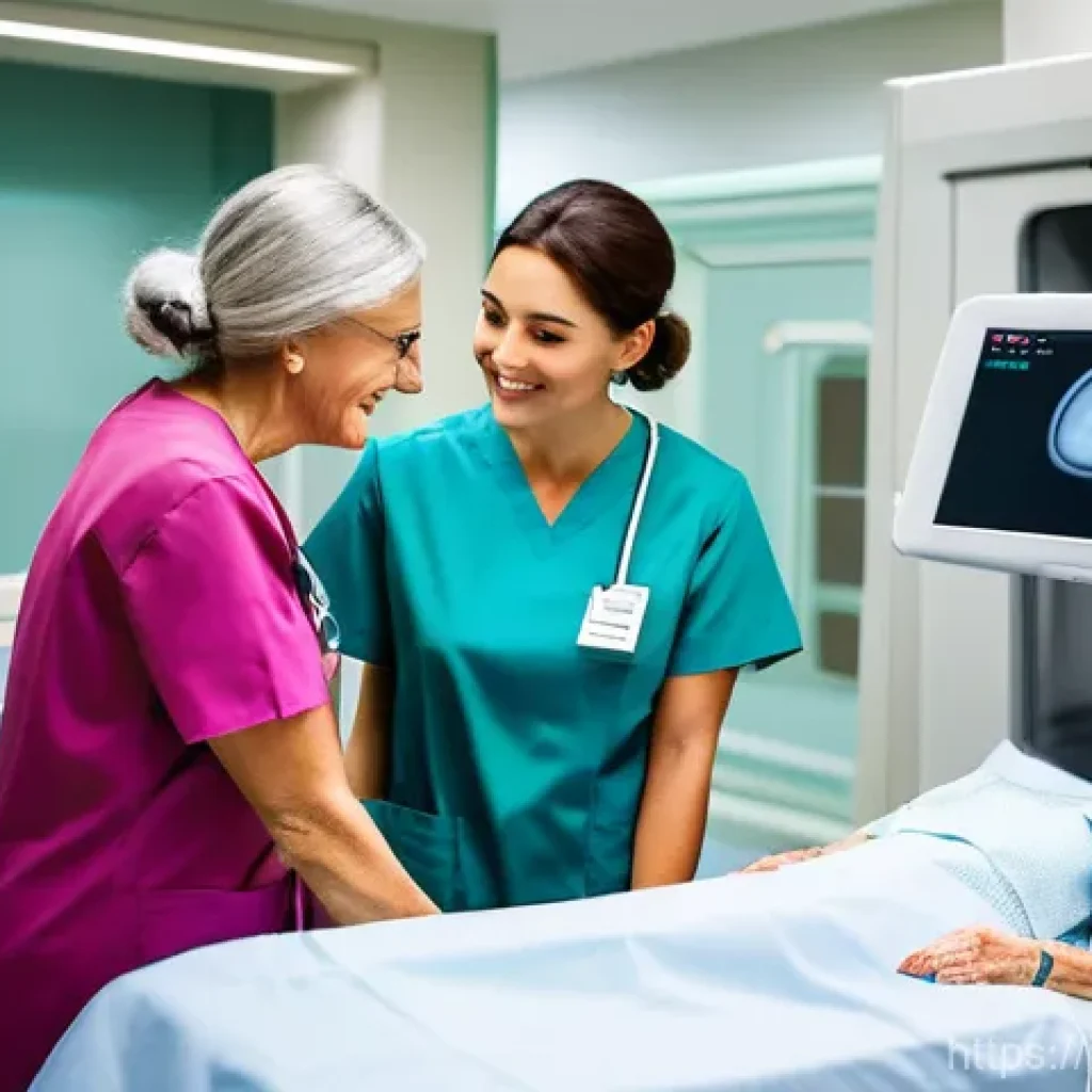 방사선사와 환자 안전 관리 - **Prompt:** A highly professional female radiology technician, wearing a clean, modern medical unifo...