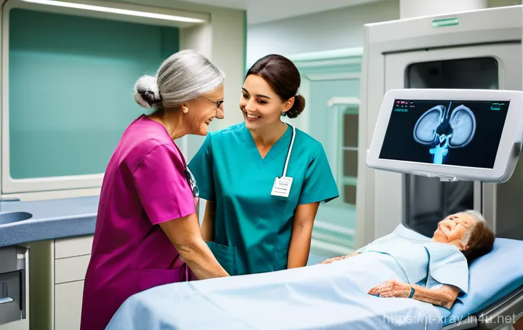 방사선사와 환자 안전 관리 - **Prompt:** A highly professional female radiology technician, wearing a clean, modern medical unifo...