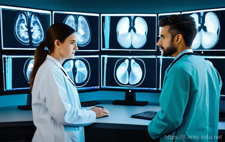 방사선사와 환자 안전 관리 - **Prompt:** A highly professional female radiology technician, wearing a clean, modern medical unifo...