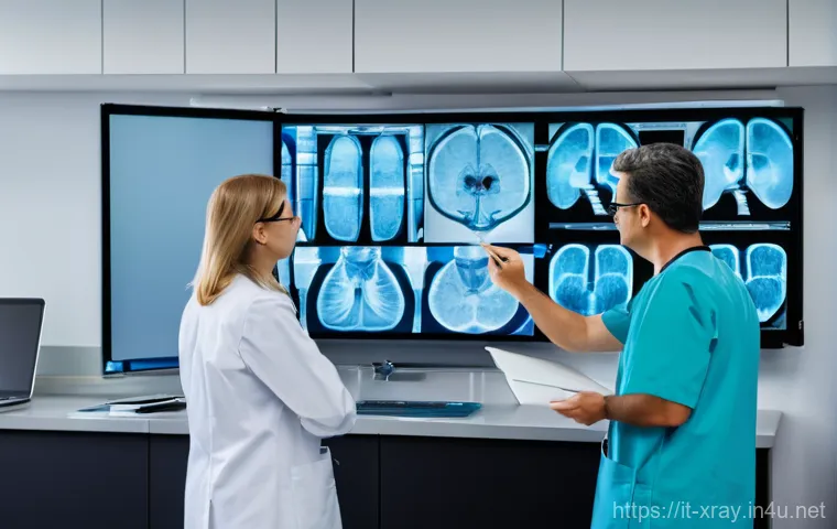 방사선 기기 관리 방법 - **Prompt:** A modern, brightly lit radiology suite in an Italian hospital or clinic. A highly skille...
