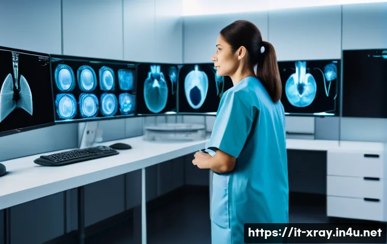 방사선사 이직 시장 전망 - **Prompt:** A highly professional female Medical Radiology Technician (TRM) in a modern, brightly li...
