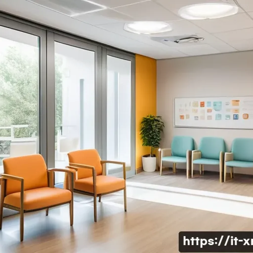 방사선사와 환자 응대 훈련 - A warm and inviting modern radiology waiting room in an Italian healthcare center, featuring bright ...