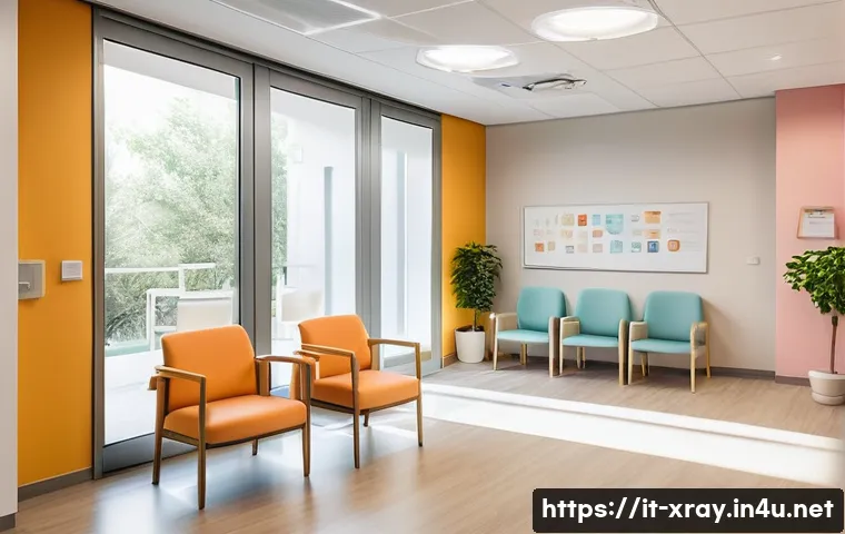 방사선사와 환자 응대 훈련 - A warm and inviting modern radiology waiting room in an Italian healthcare center, featuring bright ...