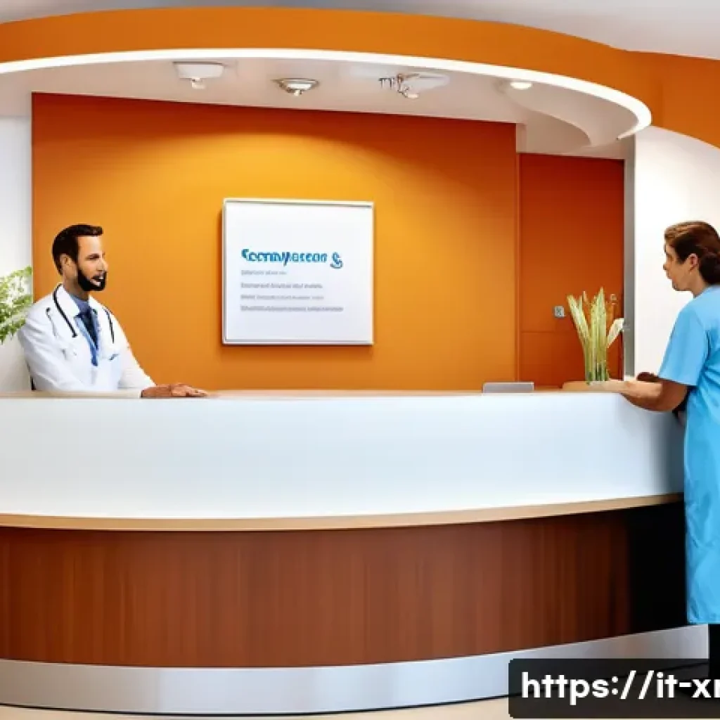 방사선사 환자 커뮤니케이션 - A warm and welcoming hospital reception area in an Italian medical clinic, featuring a friendly heal...