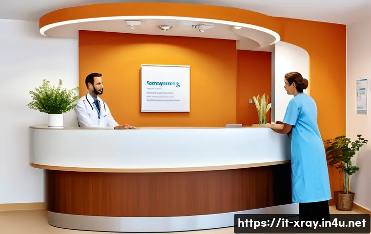 방사선사 환자 커뮤니케이션 - A warm and welcoming hospital reception area in an Italian medical clinic, featuring a friendly heal...