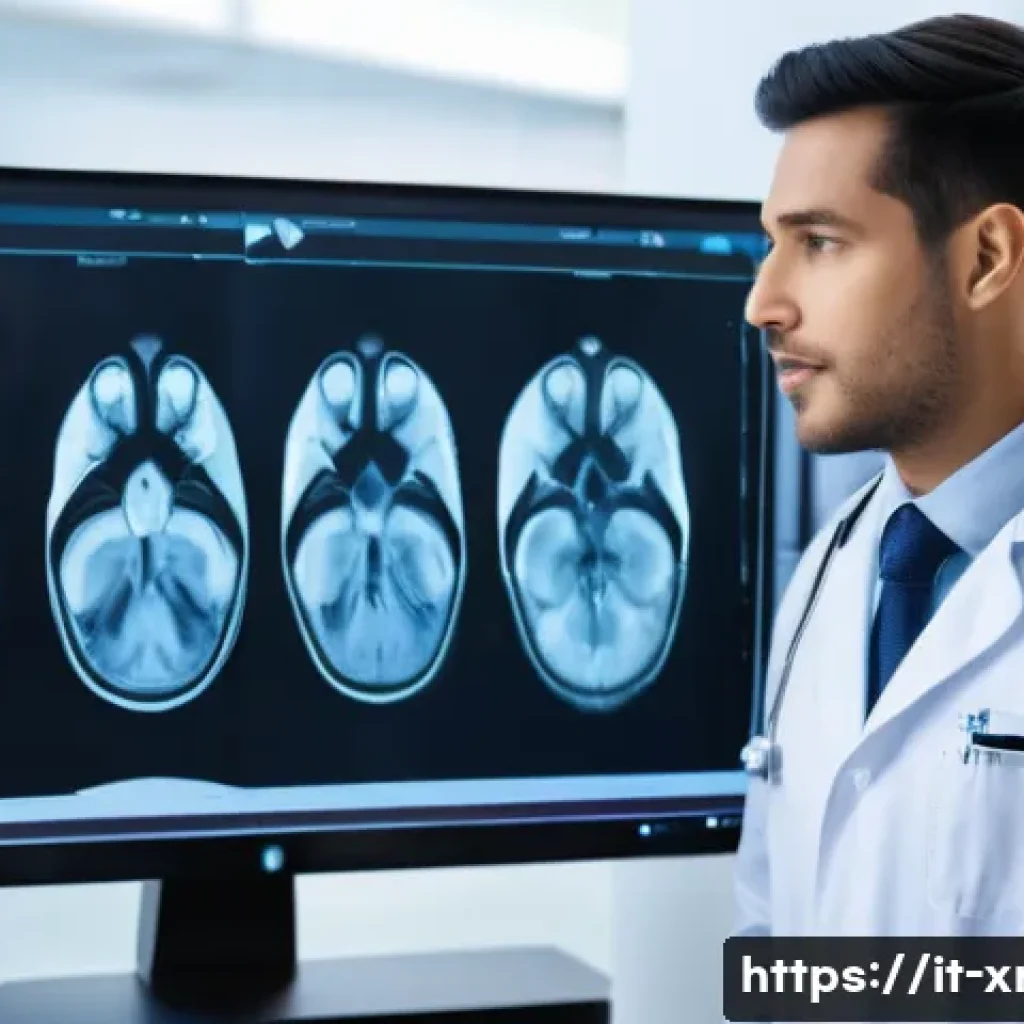 방사선사 전공자 멘토링 - A professional radiology mentoring session in a modern hospital setting, showing a diverse mentor an...