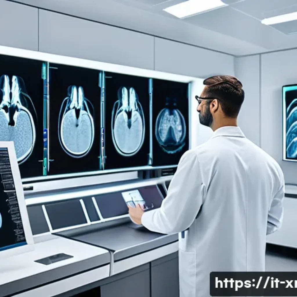 방사선사 최신 연구 트렌드 - A modern radiology laboratory featuring a diverse team of Italian radiologists and medical technicia...