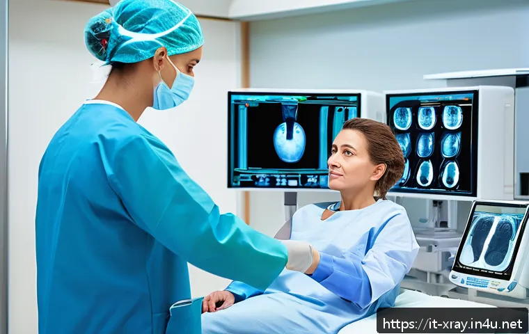 방사선사 면접 경험담 - A professional radiologic technologist in a modern hospital radiology room, wearing clean, neat medi...