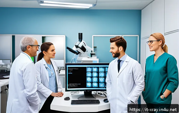 방사선사 근무지 문화 차이 - A modern radiology department in a northern European hospital, showcasing a multicultural team of ra...