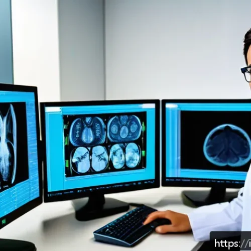Home 33 방사선사와 IT 융합 사례 - A modern radiology technician’s workspace showing a bright, clean hospital room with advanced digita...