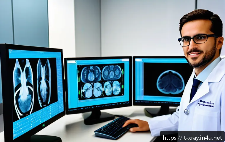 방사선사와 IT 융합 사례 - A modern radiology technician&rsquo;s workspace showing a bright, clean hospital room with advanced digita...