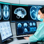 Home 20 방사선사 최신 시험 제도 변화 - A professional radiology technician in a modern hospital setting, wearing clean medical scrubs and p...