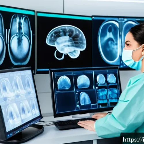 Home 32 방사선사 최신 시험 제도 변화 - A professional radiology technician in a modern hospital setting, wearing clean medical scrubs and p...