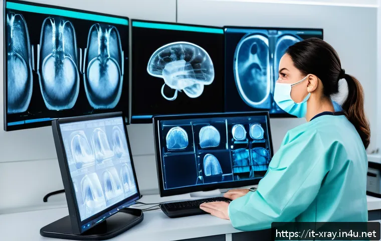 방사선사 최신 시험 제도 변화 - A professional radiology technician in a modern hospital setting, wearing clean medical scrubs and p...