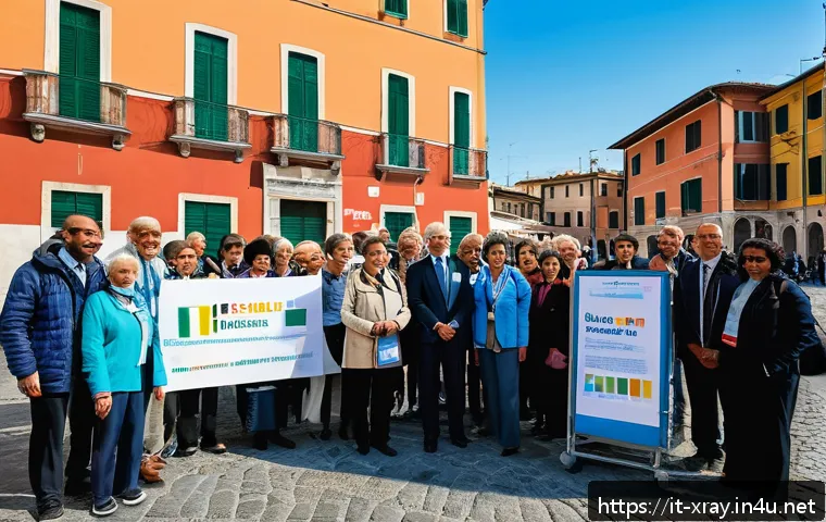 방사선사와 커뮤니티 활동 - A vibrant urban community health event in an Italian city, featuring a diverse group of people inclu...