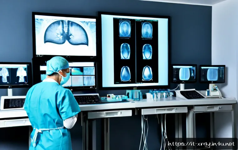 방사선 기기 트러블슈팅 - Photorealistic Italian hospital radiology suite, experienced technician in clean protective attire t...